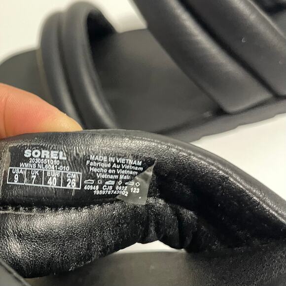 SOREL Ella II Puff Slide Sandal Black Leather US 9 Summer Strappy - Picture 9 of 9